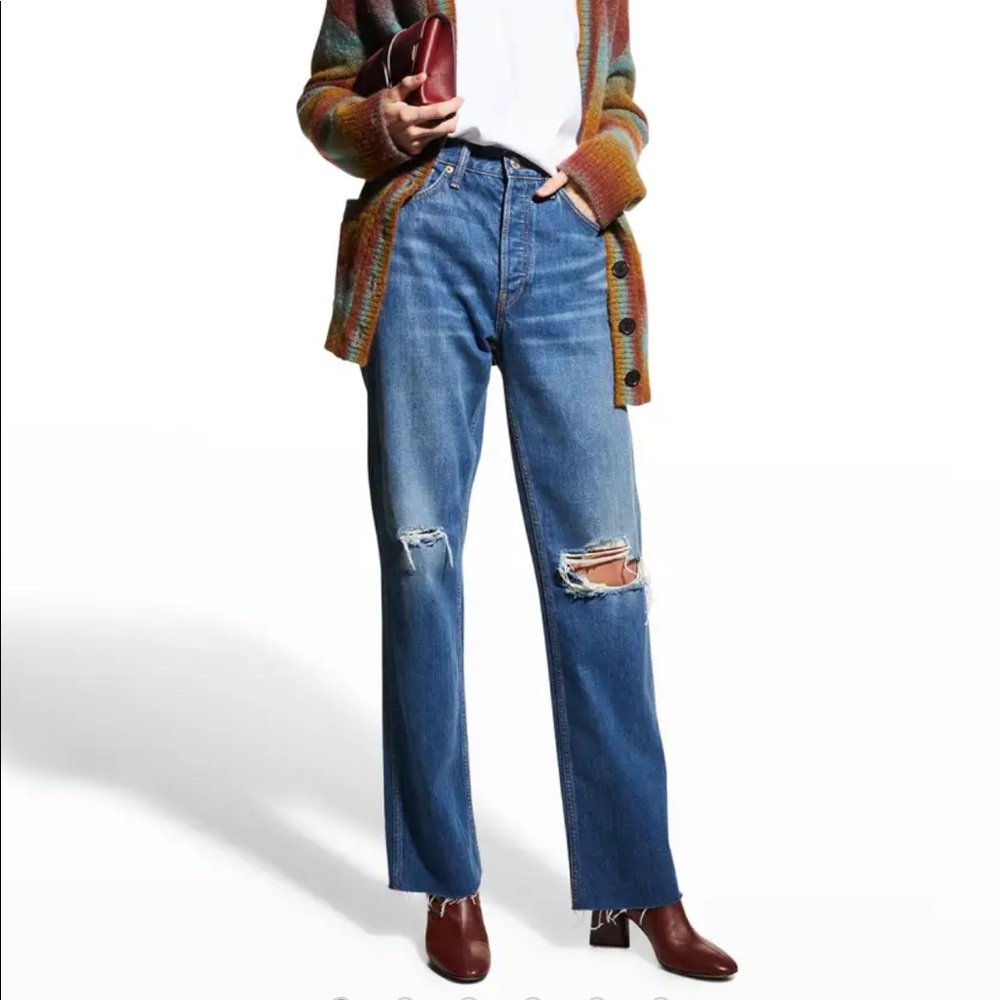 Re/Done 90's high rise loose straight leg fit ,raw hem , button fly jeans 27